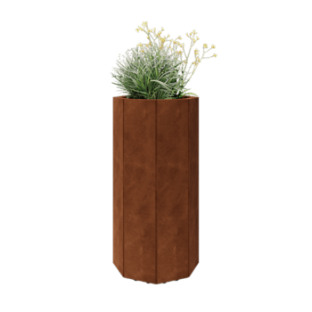 Corten plieno lauko vazonas - Aštuonkampis - 48,3 x 48,3 x 100 cm - Su dugno plokšte - Su kojomis