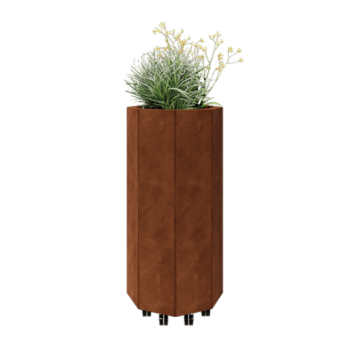 Corten plieno lauko vazonas - Aštuonkampis - 48,3 x 48,3 x 100 cm - Su dugno plokšte - Su ratais