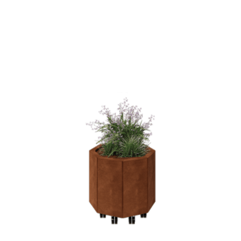 Corten plieno lauko vazonas - Aštuonkampis - 48,3 x 48,3 x 40 cm - Su dugno plokšte - Su ratais