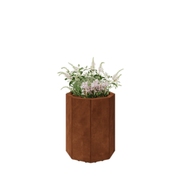 Corten plieno lauko vazonas - Aštuonkampis - 48,3 x 48,3 x 60 cm - Su dugno plokšte - Su kojomis