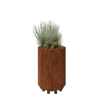 Corten plieno lauko vazonas - Aštuonkampis - 48,3 x 48,3 x 70 cm - Su dugno plokšte - Su ratais