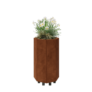 Corten plieno lauko vazonas - Aštuonkampis - 48,3 x 48,3 x 80 cm - Su dugno plokšte - Su ratais