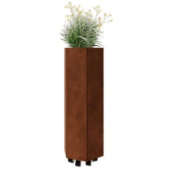 Corten plieno lauko vazonas - Šešiakampis - 39,3 x 34,6 x 100 cm - Su dugno plokšte - Su ratais
