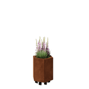 Corten plieno lauko vazonas - Šešiakampis - 39,3 x 34,6 x 40 cm - Su dugno plokšte - Su ratais