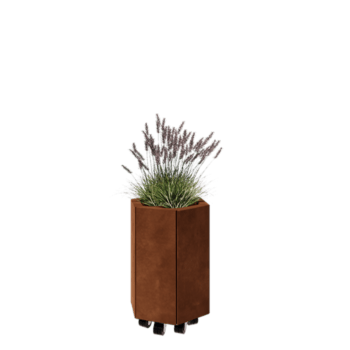 Corten plieno lauko vazonas - Šešiakampis - 39,3 x 34,6 x 50 cm - Su dugno plokšte - Su ratais