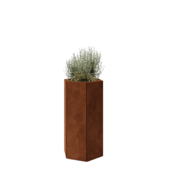 Corten plieno lauko vazonas - Šešiakampis - 39,3 x 34,6 x 70 cm - Su dugno plokšte
