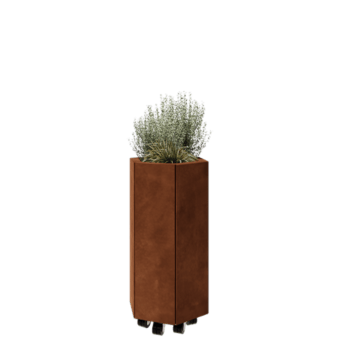 Corten plieno lauko vazonas - Šešiakampis - 39,3 x 34,6 x 70 cm - Su dugno plokšte - Su ratais