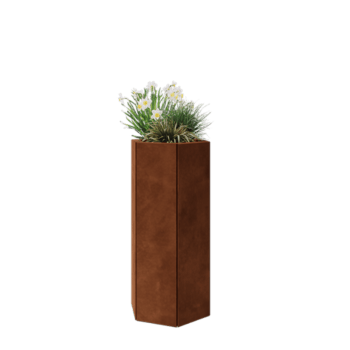 Corten plieno lauko vazonas - Šešiakampis - 39,3 x 34,6 x 80 cm - Su dugno plokšte