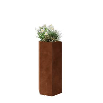 Corten plieno lauko vazonas - Šešiakampis - 39,3 x 34,6 x 80 cm - Su dugno plokšte - Su kojomis