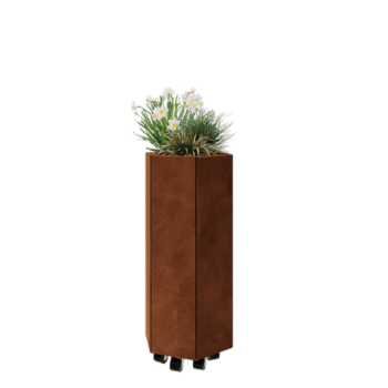 Corten plieno lauko vazonas - Šešiakampis - 39,3 x 34,6 x 80 cm - Su dugno plokšte - Su ratais