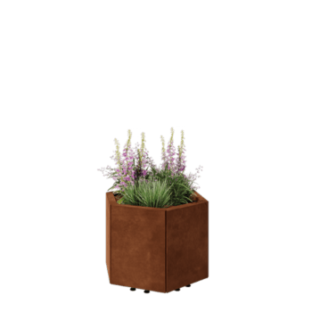 Corten plieno lauko vazonas - Šešiakampis - 59,3 x 52 x 40 cm - Su dugno plokšte - Su kojomis