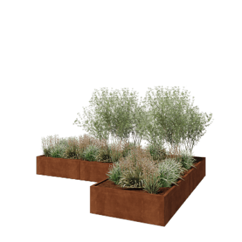 Corten plieno lauko vazonas - L-forma - 360 x 240 x 40 cm - Su dugno plokšte