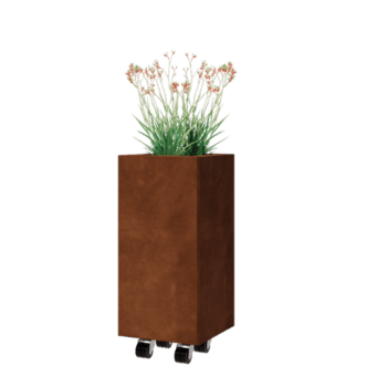 Corten plieno lauko vazonas - Kvadratas - 30 x 30 x 60 cm - Su dugno plokšte - Su ratais