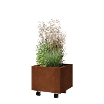 Corten plieno lauko vazonas - Kvadratas - 40 x 40 x 30 cm - Su dugno plokšte - Su ratais