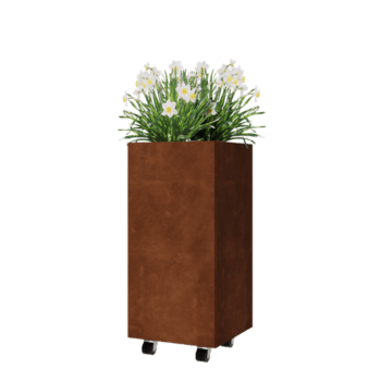 Corten plieno lauko vazonas - Kvadratas - 40 x 40 x 80 cm - Su dugno plokšte - Su ratais