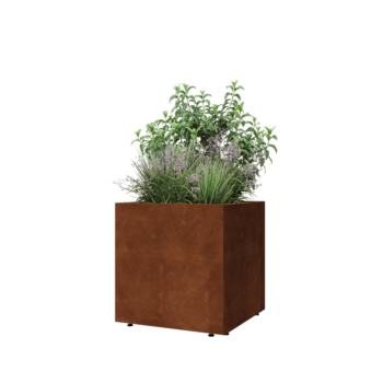 Corten plieno lauko vazonas - Kvadratas - 60 x 60 x 60 cm - Su dugno plokšte - Su kojomis