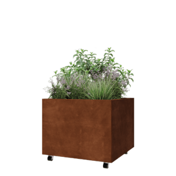 Corten plieno lauko vazonas - Kvadratas - 80 x 80 x 60 cm - Su dugno plokšte - Su ratais