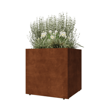 Corten plieno lauko vazonas - Kvadratas - 80 x 80 x 80 cm - Su dugno plokšte - Su kojomis