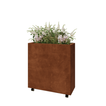 Corten plieno lauko vazonas - Stačiakampis - 80 x 30 x 80 cm - Su dugno plokšte - Su ratais