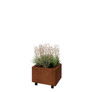 Corten plieno lauko vazonas - Stačiakampis - 50 x 40 x 30 cm - Su dugno plokšte - Su ratais