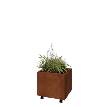 Corten plieno lauko vazonas - Stačiakampis - 50 x 40 x 40 cm - Su dugno plokšte - Su ratais