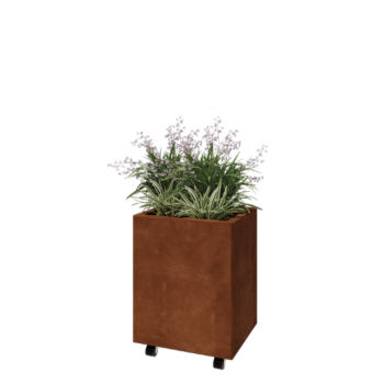 Corten plieno lauko vazonas - Stačiakampis - 50 x 40 x 60 cm - Su dugno plokšte - Su ratais