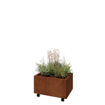 Corten plieno lauko vazonas - Stačiakampis - 60 x 40 x 30 cm - Su dugno plokšte - Su ratais