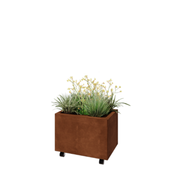 Corten plieno lauko vazonas - Stačiakampis - 60 x 40 x 40 cm - Su dugno plokšte - Su ratais