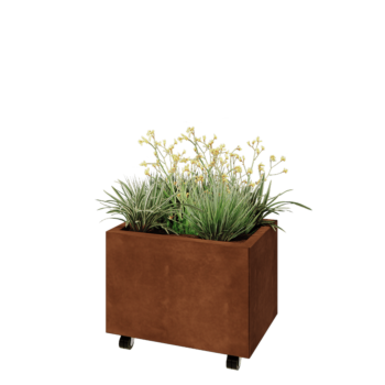 Corten plieno lauko vazonas - Stačiakampis - 60 x 40 x 40 cm - Su dugno plokšte - Su ratais