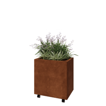 Corten plieno lauko vazonas - Stačiakampis - 60 x 40 x 60 cm - Su dugno plokšte - Su ratais