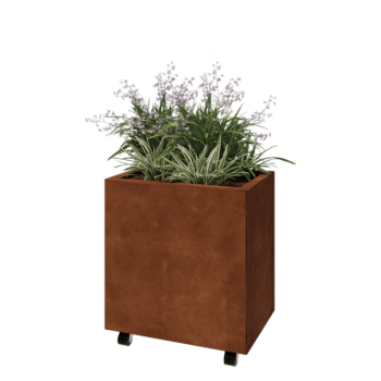 Corten plieno lauko vazonas - Stačiakampis - 60 x 40 x 60 cm - Su dugno plokšte - Su ratais