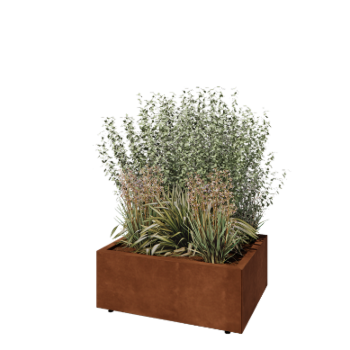 Corten plieno lauko vazonas - Stačiakampis - 80 x 60 x 30 cm - Su dugno plokšte - Su kojomis