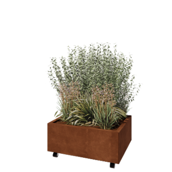 Corten plieno lauko vazonas - Stačiakampis - 80 x 60 x 30 cm - Su dugno plokšte - Su ratais