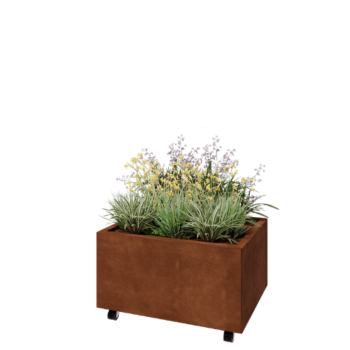 Corten plieno lauko vazonas - Stačiakampis - 80 x 60 x 40 cm - Su dugno plokšte - Su ratais