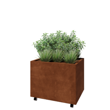 Corten plieno lauko vazonas - Stačiakampis - 80 x 60 x 60 cm - Su dugno plokšte - Su ratais