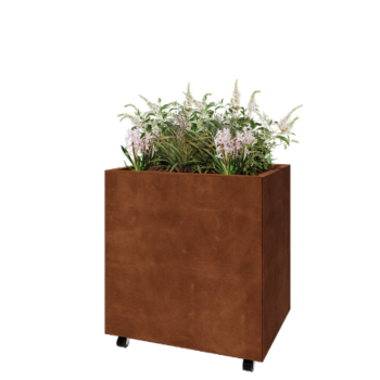 Corten plieno lauko vazonas - Stačiakampis - 80 x 60 x 80 cm - Su dugno plokšte - Su ratais