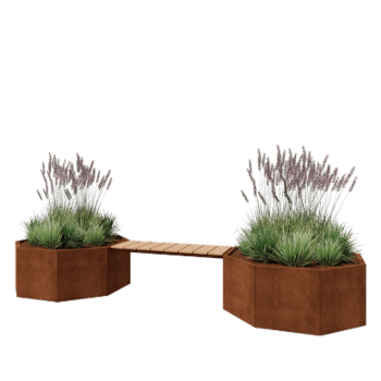 Corten plieno lauko vazonas - Aštuonkampis - 362,6 x 120,7 x 50 cm - Su suoliuku - Be dugno plokštės