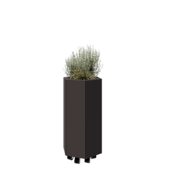 Plieninis lauko vazonas - Šešiakampis - 39,3 x 34,6 x 70 cm - RAL7016 matinė (antracito pilka) - Su dugno plokšte - Su ratais