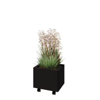 Plieninis lauko vazonas - Stačiakampis - 40 x 30 x 30 cm - RAL9005 matinė (juoda) - Su dugno plokšte - Su ratais