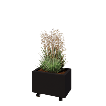 Plieninis lauko vazonas - Stačiakampis - 50 x 30 x 30 cm - RAL9005 matinė (juoda) - Su dugno plokšte - Su ratais