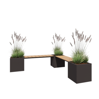 Plieninis lauko vazonas - Kvadratas - Kampinė konfigūracija - 221,2 x 221,2 x 50 cm - RAL7016 matinė (antracito pilka) - Su dugno plokšte - Su suoliuku