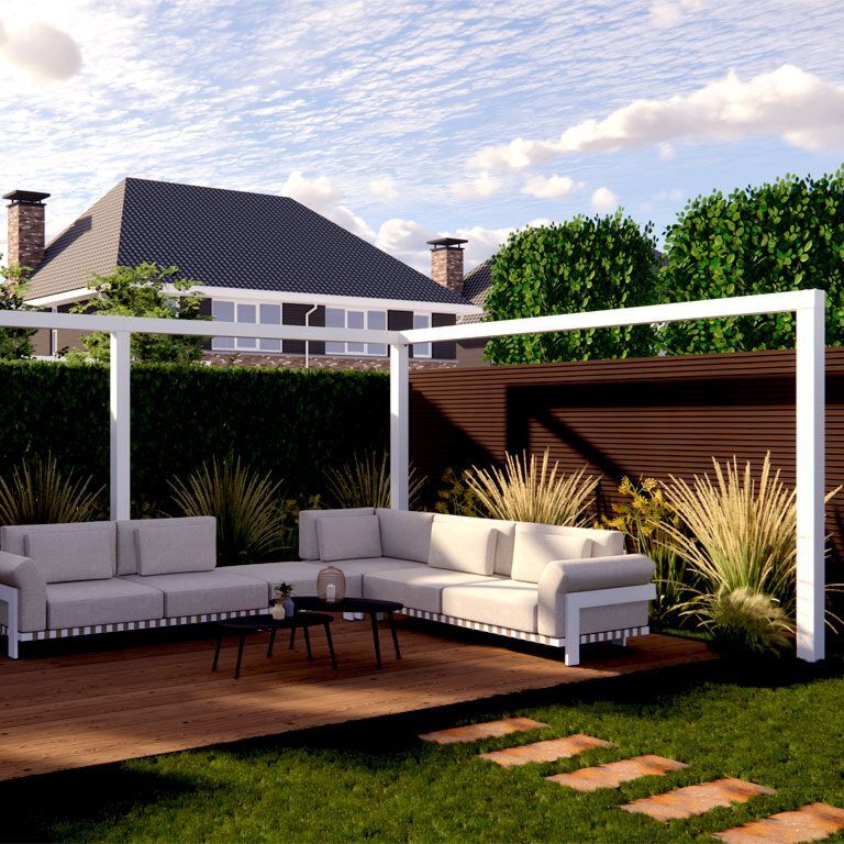Milteliniu būdu dengta plieninė pergola kampinė sąranka 600 x 412 cm