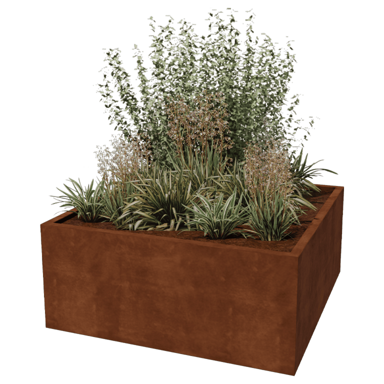 Suvirintas corten plieno lauko vazonas Montana 140 x 140 x 60 cm