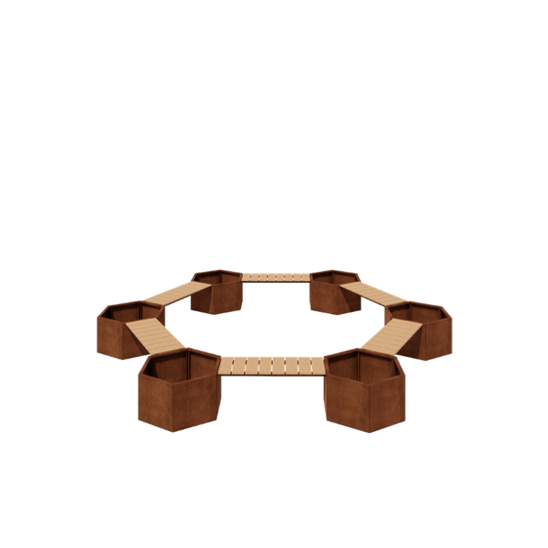 Corten plieno lauko vazonas - Laužo konfigūracija - 502,2 x 459,2 x 50 cm - Su suoliuku - Be dugno plokštės