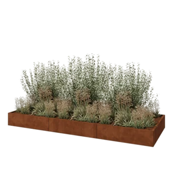 Corten plieno lauko vazonas XXL - Stačiakampis - 360 x 120 x 30 cm - Su dugno plokšte
