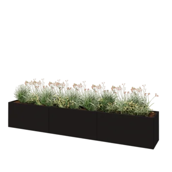 Plieninis lauko vazonas XXL - Stačiakampis - 360 x 50 x 60 cm - RAL9005 matinė (juoda) - Su dugno plokšte