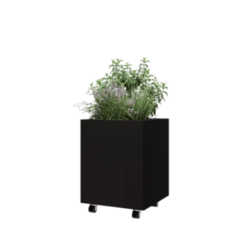 Plieninis lauko vazonas - Kvadratas - 50 x 50 x 60 cm - RAL9005 matinė (juoda) - Su dugno plokšte - Su ratais