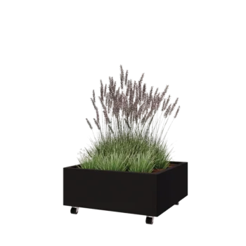 Plieninis lauko vazonas - Kvadratas - 80 x 80 x 30 cm - RAL9005 matinė (juoda) - Su dugno plokšte - Su ratais