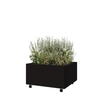 Plieninis lauko vazonas - Kvadratas - 80 x 80 x 40 cm - RAL9005 matinė (juoda) - Su dugno plokšte - Su ratais