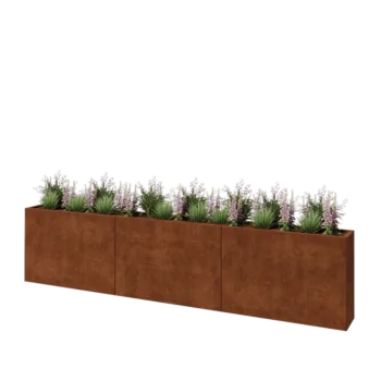 Corten plieno lauko vazonas XXL - Stačiakampis - 360 x 30 x 80 cm - Su dugno plokšte